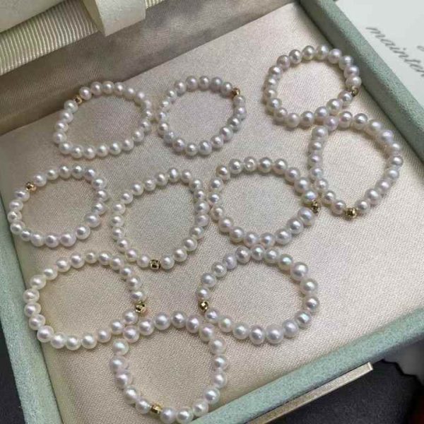 3-3.5mm Freshwater Intense Light Nearly Round Baby Pearl Ring With 18k Gold Laser Beads