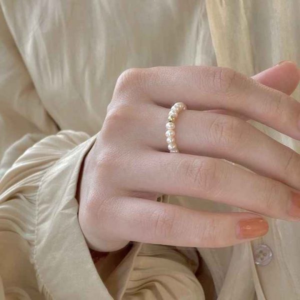 3-3.5mm Freshwater Intense Light Nearly Round Baby Pearl Ring With 18k Gold Laser Beads