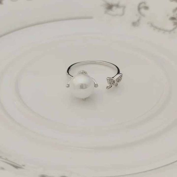 925 Sterling Silver Butterfly Ring with 8mm Freshwater Pearl Adjustable Open Size for Women