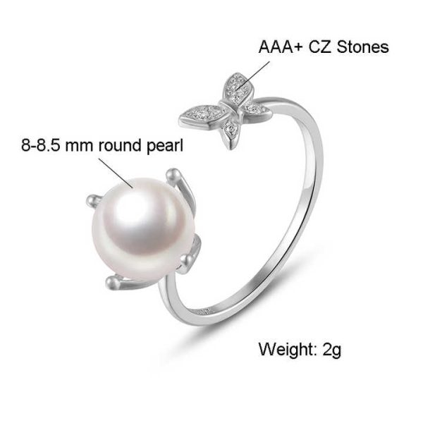 925 Silver Rings With 8mm Fresh Water Pearl Open Size Butterfly Ring Silver Pearl Jewelry