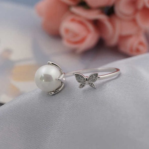 925 Silver Rings With 8mm Fresh Water Pearl Open Size Butterfly Ring Silver Pearl Jewelry