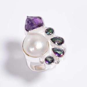 925 Sterling Silver Ring Baroque Pearl , Amethyst, Mystic Topaz Cut Gemstone Ring Size US 7.5, Silver Gemstone Jewelry Exporter
