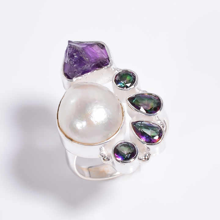 925 Sterling Silver Ring Baroque Pearl , Amethyst, Mystic Topaz Cut Gemstone Ring Size US 7.5, Silver Gemstone Jewelry Exporter