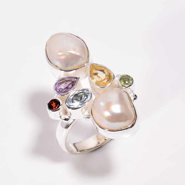 925 Sterling Silver Ring Baroque Pearl , Amethyst, Mystic Topaz Cut Gemstone Ring Size US 7.5, Silver Gemstone Jewelry Exporter