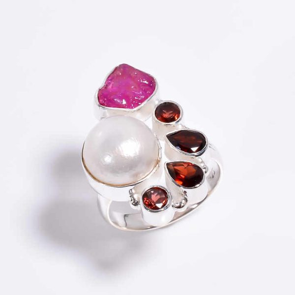 925 Sterling Silver Ring Baroque Pearl , Amethyst, Mystic Topaz Cut Gemstone Ring Size US 7.5, Silver Gemstone Jewelry Exporter