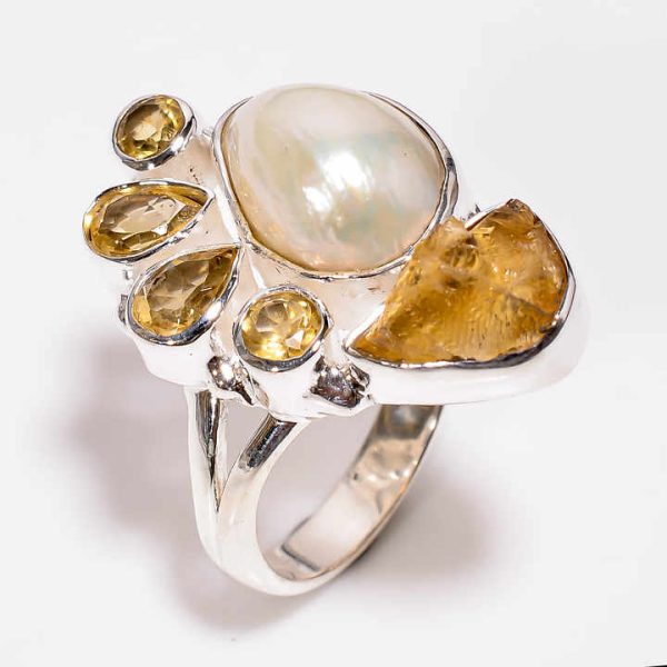 925 Sterling Silver Ring Baroque Pearl , Amethyst, Mystic Topaz Cut Gemstone Ring Size US 7.5, Silver Gemstone Jewelry Exporter
