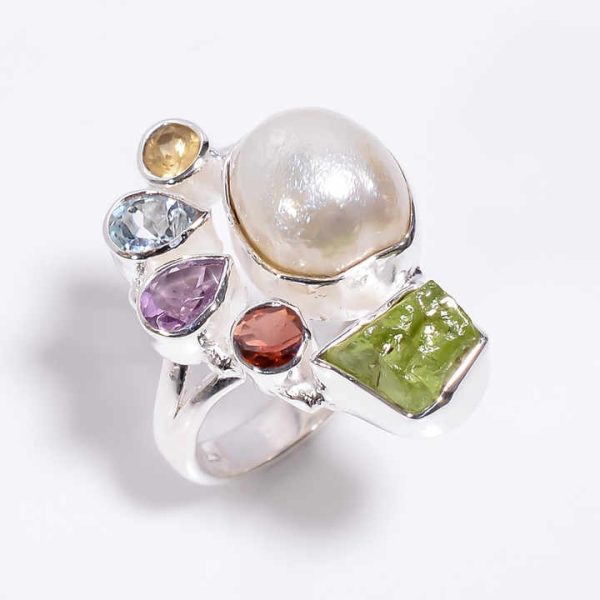 925 Sterling Silver Ring Baroque Pearl , Amethyst, Mystic Topaz Cut Gemstone Ring Size US 7.5, Silver Gemstone Jewelry Exporter