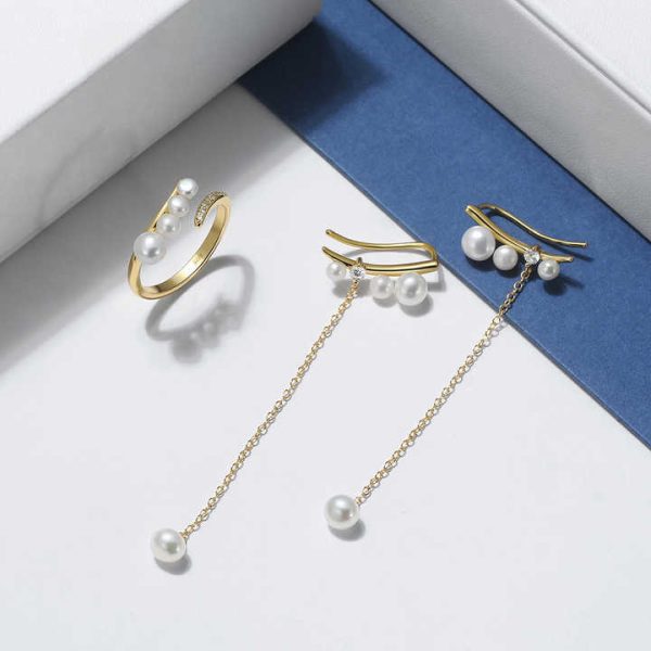 RINNTIN GPR07 Fine Jewelry Rings Gold Plated 925 Sterling Silver AAAA CZ Cultured Freshwater Pearl Open Rings Adjustable Women