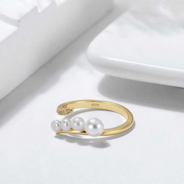 RINNTIN GPR07 Fine Jewelry Rings Gold Plated 925 Sterling Silver AAAA CZ Cultured Freshwater Pearl Open Rings Adjustable Women