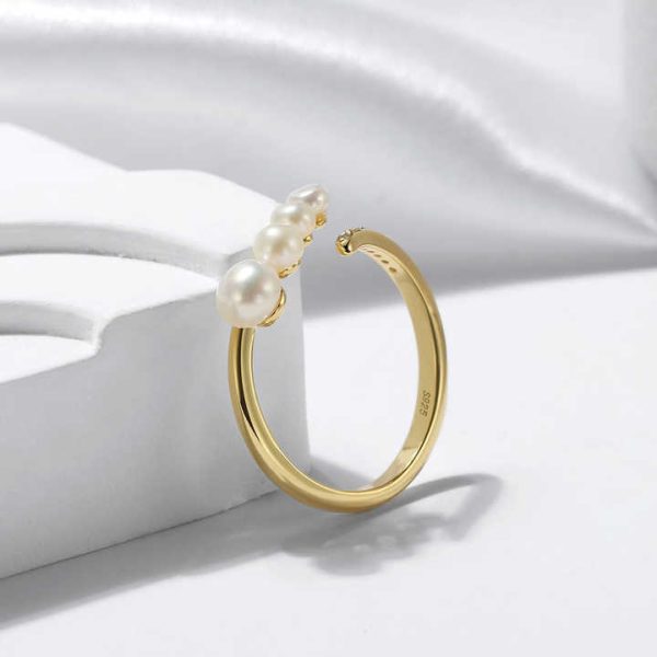 RINNTIN GPR07 Fine Jewelry Rings Gold Plated 925 Sterling Silver AAAA CZ Cultured Freshwater Pearl Open Rings Adjustable Women