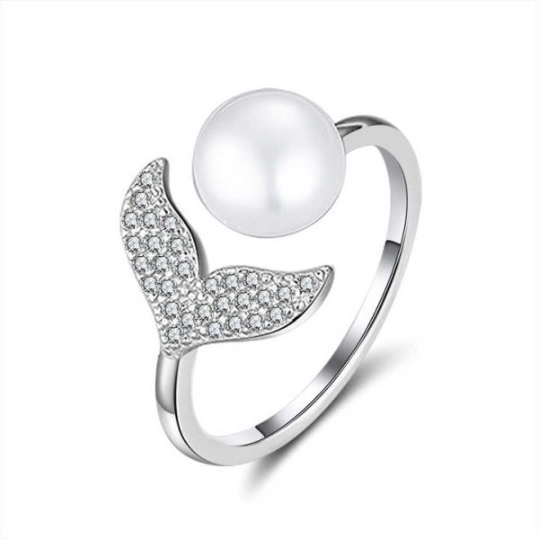 GPR01 Wholesale Unique Fish Design 925 Sterling Silver Adjustable Pearl With Silver Heart Rings for Women