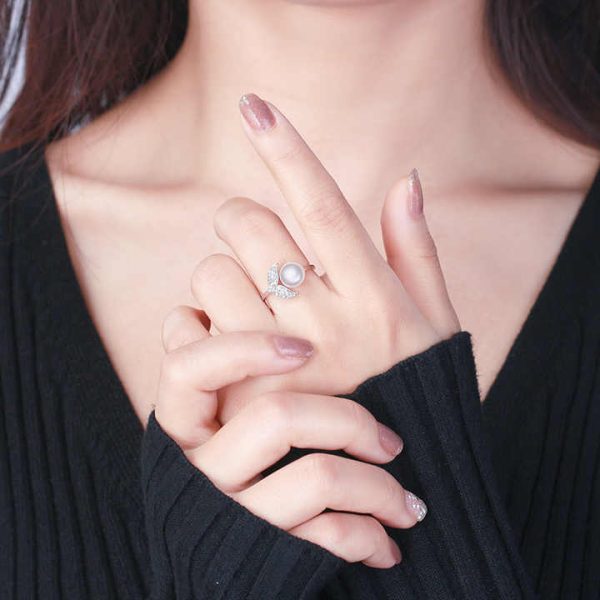 GPR01 Wholesale Unique Fish Design 925 Sterling Silver Adjustable Pearl With Silver Heart Rings for Women