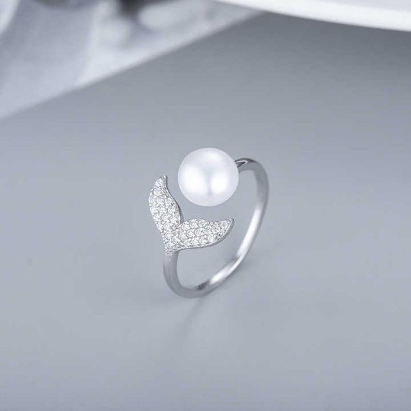 GPR01 Wholesale Unique Fish Design 925 Sterling Silver Adjustable Pearl With Silver Heart Rings for Women