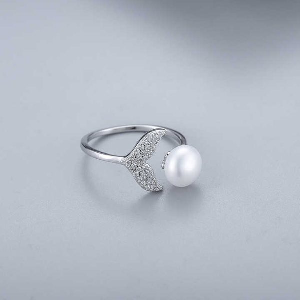 GPR01 Wholesale Unique Fish Design 925 Sterling Silver Adjustable Pearl With Silver Heart Rings for Women