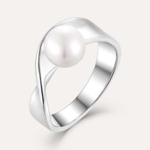 Trendy Wholesale Customized Rhodium Plated 925 Sterling Silver Women Wedding and Engagement Summer Pearl Rings Jewelry