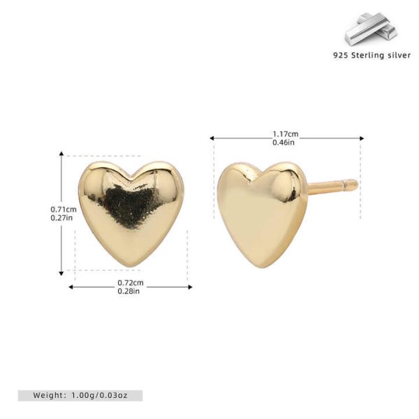 NEW Fashion 925 Silver Plain Simple Heart Stud Earrings Jewelry 18K Gold Plated Sterling Silver Stud Earrings for Women