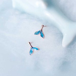 925 Sterling Silver Trendy Delicate Blue Fishtail Stud Earrings for Women Girls Daily Party Fine Jewelry Accessories