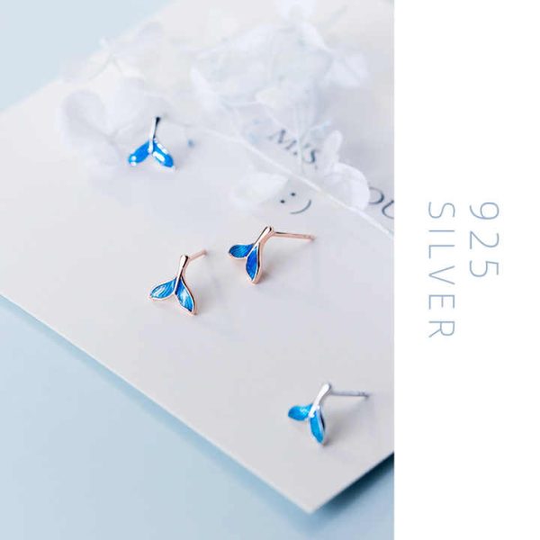 925 Sterling Silver Trendy Delicate Blue Fishtail Stud Earrings for Women Girls Daily Party Fine Jewelry Accessories