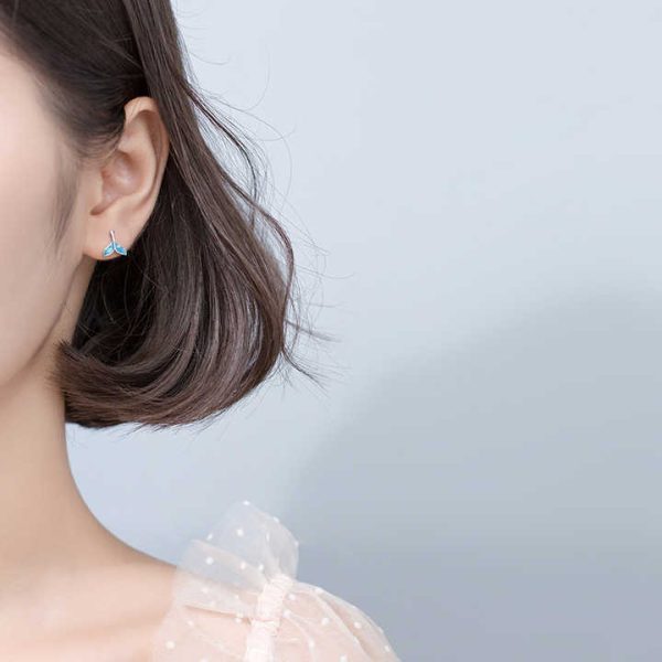 925 Sterling Silver Trendy Delicate Blue Fishtail Stud Earrings for Women Girls Daily Party Fine Jewelry Accessories