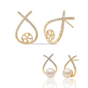 14K Yellow Gold Pearl Earring Semi Mounts with Diamond Accents - Claw Setting Stud Earring Settings
