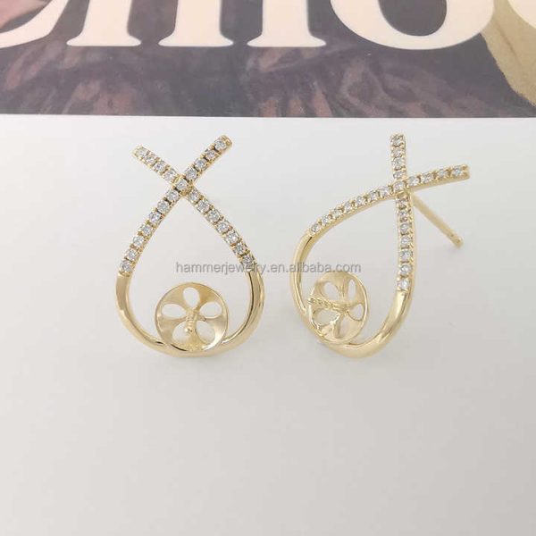 Custom 14k AU585 Real Gold Pearl Mounting Jewelry Findings Pearl Semi Mount for Earring Settings