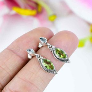 925 Sterling Silver Peridot Blue Topaz Stud Earrings Marquise Cut Bezel Setting Wedding Gift for Women