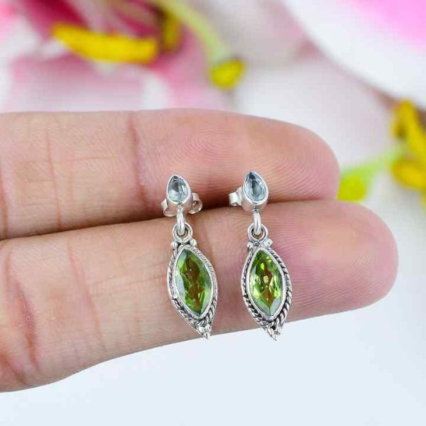 Natural Peridot Blue Topaz Stud Earrings Solid 925 Sterling Silver Bezel Setting Marquise Cut for Wedding Perfect Gift for Women