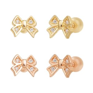 Women's Trendy Lovely Ribbon Zirconia Cubic 14k Gold Fine Stud Earrings K-Jewelry's Wholesale Basic Piercing Jewelry Great