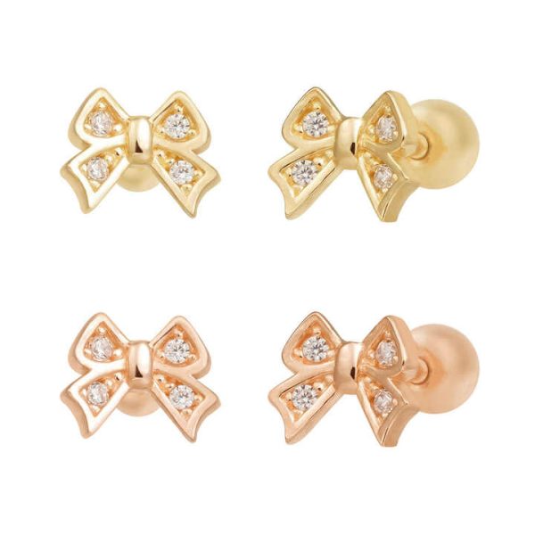 Women's Trendy Lovely Ribbon Zirconia Cubic 14k Gold Fine Stud Earrings K-Jewelry's Wholesale Basic Piercing Jewelry Great