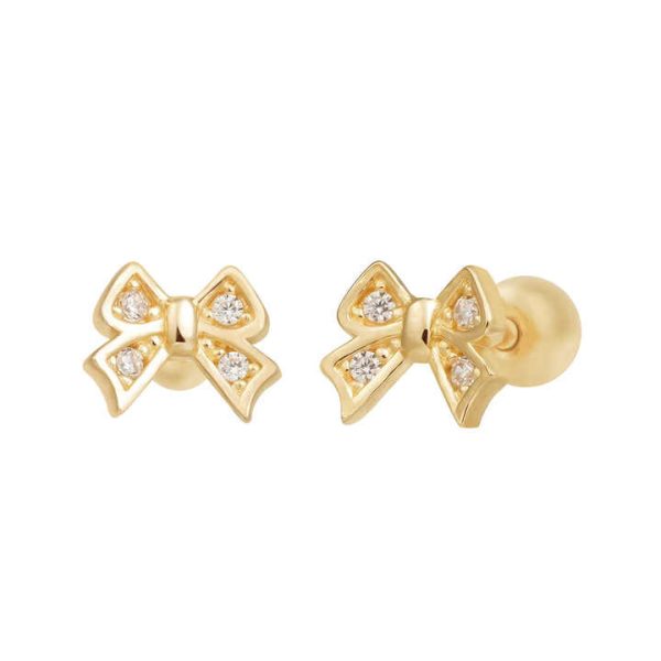 Women's Trendy Lovely Ribbon Zirconia Cubic 14k Gold Fine Stud Earrings K-Jewelry's Wholesale Basic Piercing Jewelry Great