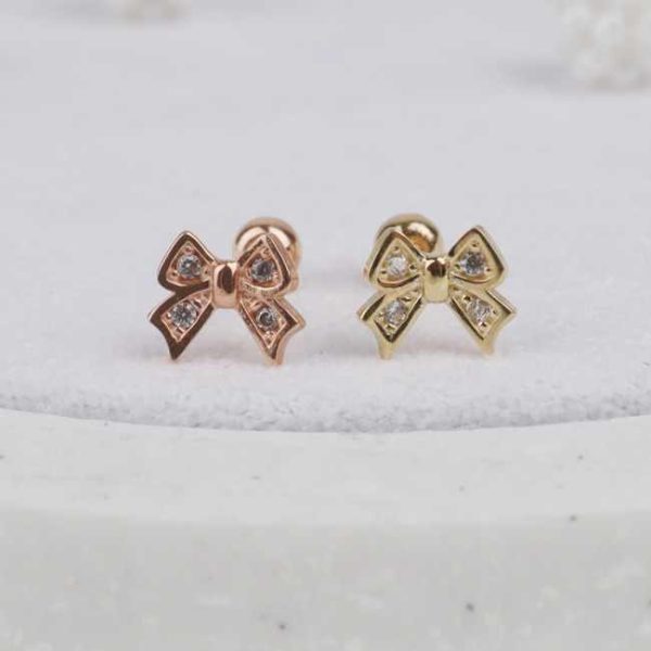 Women's Trendy Lovely Ribbon Zirconia Cubic 14k Gold Fine Stud Earrings K-Jewelry's Wholesale Basic Piercing Jewelry Great