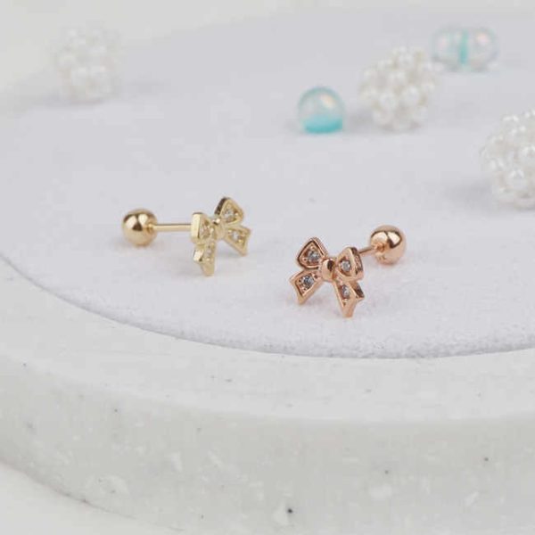 Women's Trendy Lovely Ribbon Zirconia Cubic 14k Gold Fine Stud Earrings K-Jewelry's Wholesale Basic Piercing Jewelry Great