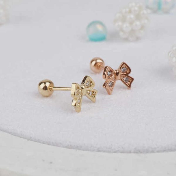 Women's Trendy Lovely Ribbon Zirconia Cubic 14k Gold Fine Stud Earrings K-Jewelry's Wholesale Basic Piercing Jewelry Great