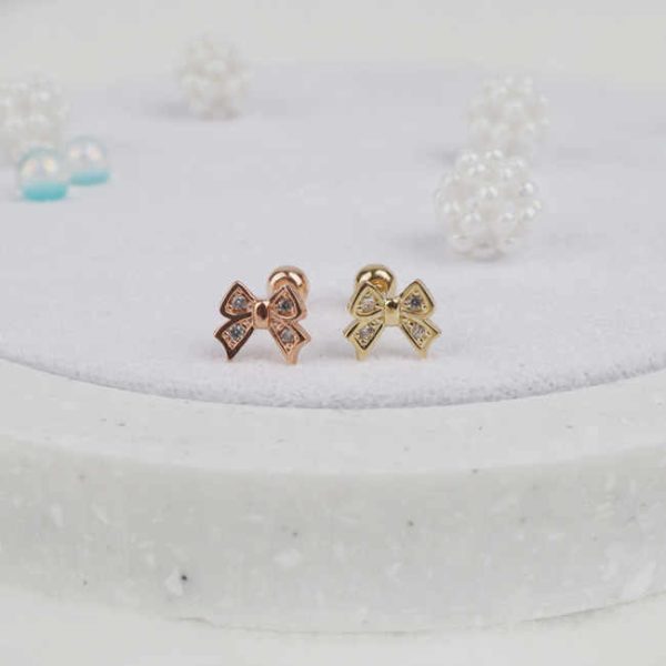 Women's Trendy Lovely Ribbon Zirconia Cubic 14k Gold Fine Stud Earrings K-Jewelry's Wholesale Basic Piercing Jewelry Great