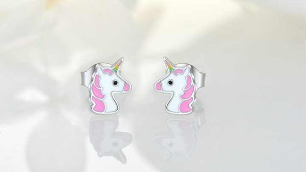 925 Sterling Silver Unicorn Stud Earrings with Pink Enamel Rhodium Plated Hypoallergenic Cute Earrings for Girls
