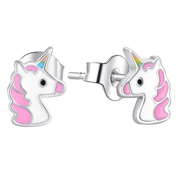 YILUN 925 Sterling Silver Unicorn Stud Earrings Jewelry Rhodium Plated Hypoallergenic Pink Enamel Cute Earrings for Girls