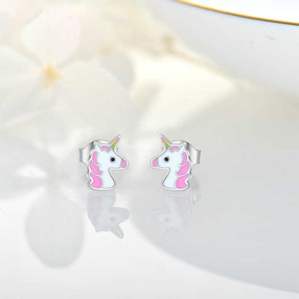YILUN 925 Sterling Silver Unicorn Stud Earrings Jewelry Rhodium Plated Hypoallergenic Pink Enamel Cute Earrings for Girls