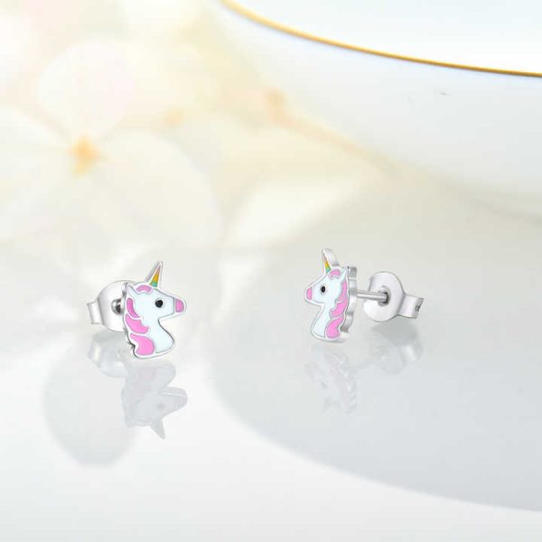 YILUN 925 Sterling Silver Unicorn Stud Earrings Jewelry Rhodium Plated Hypoallergenic Pink Enamel Cute Earrings for Girls