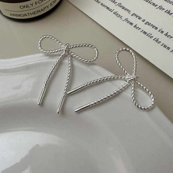 Fine Jewelry Hypoallergenic 925 Sterling Silver Rope Texture Chunky Bow Earrings for Women