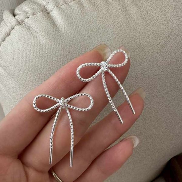 Fine Jewelry Hypoallergenic 925 Sterling Silver Rope Texture Chunky Bow Earrings for Women