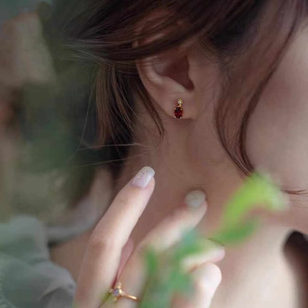 Fine Jewelry Boho Design S925 Sterling Silver 14k Gold Plated Mini Red Zircon Stud Earrings Ear Stud for Women