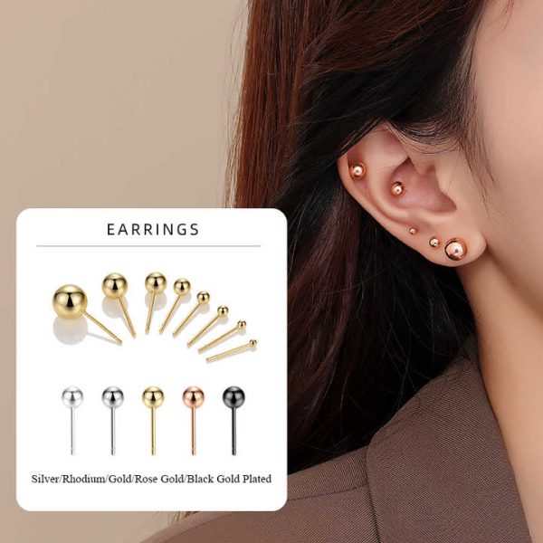 Simple Bead Earrings 925 Sterling Silver Round Minimalist Stud Finding Set Gold Plated Posts for Women Fine Jewelry Wholesale