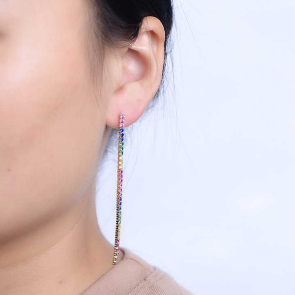 18K Gold 925 Sterling Silver Zircon Colorful Long Rainbow Tennis Drop Dubai Earrings for Party