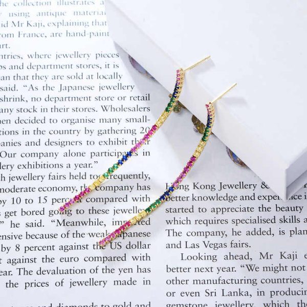 18K Gold 925 Sterling Silver Zircon Colorful Long Rainbow Tennis Drop Dubai Earrings for Party