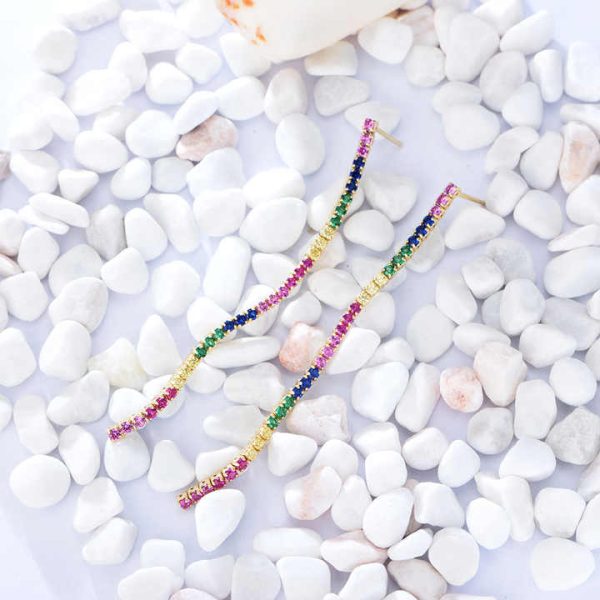 18K Gold 925 Sterling Silver Zircon Colorful Long Rainbow Tennis Drop Dubai Earrings for Party