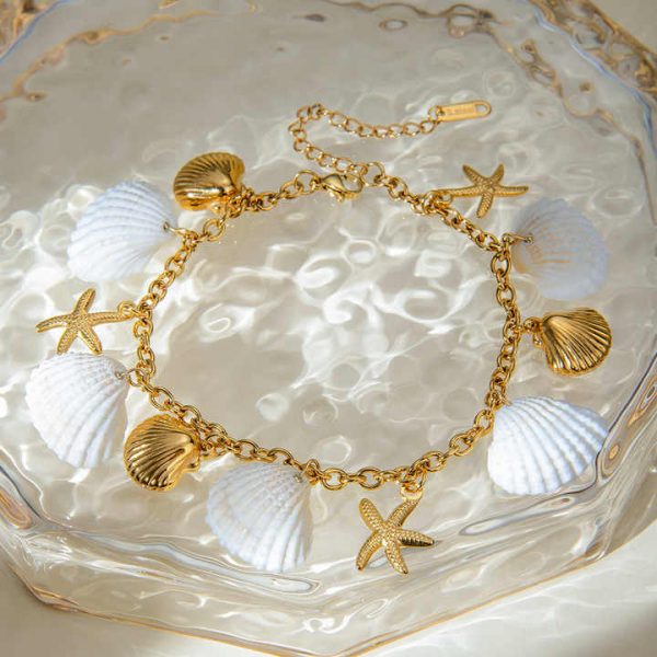 Luxury 18K Gold Plated Fine Anklet Women's Stainless Steel Starfish Shell Jewelry