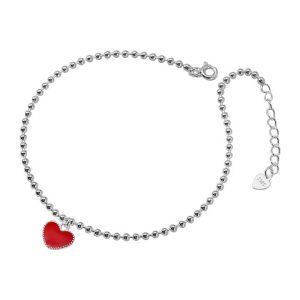 Vintage 925 Sterling Silver Red Heart Charm Stretch Anklet with Sapphire Accent, Valentine's Day Jewelry Gift for Women