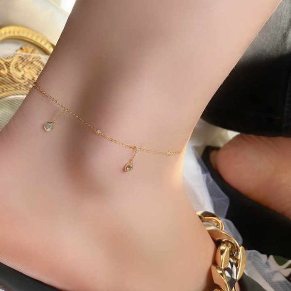 Luxury Fashion AU750 Pure 18K Gold Pawnable Aquamarine Charms Chain Women Ladies Anklet Fine Jewelry