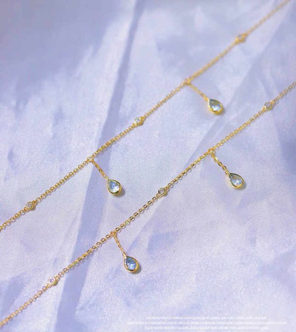 Luxury Fashion AU750 Pure 18K Gold Pawnable Aquamarine Charms Chain Women Ladies Anklet Fine Jewelry