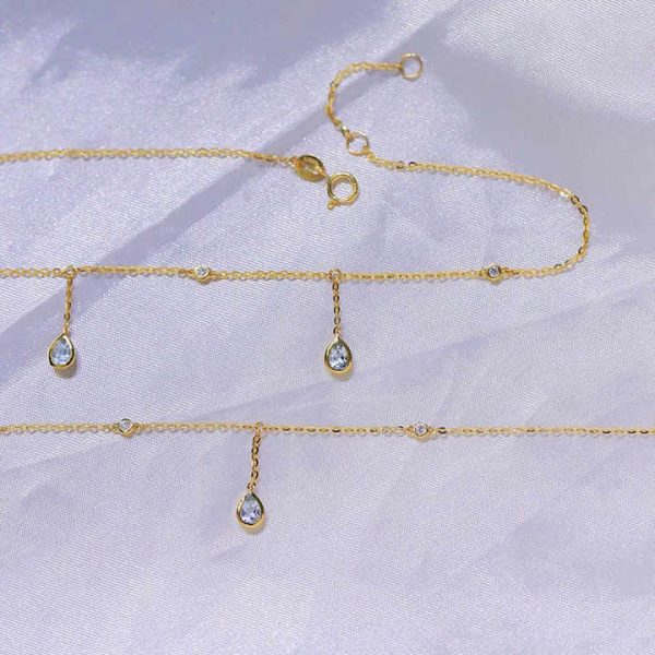 Luxury Fashion AU750 Pure 18K Gold Pawnable Aquamarine Charms Chain Women Ladies Anklet Fine Jewelry